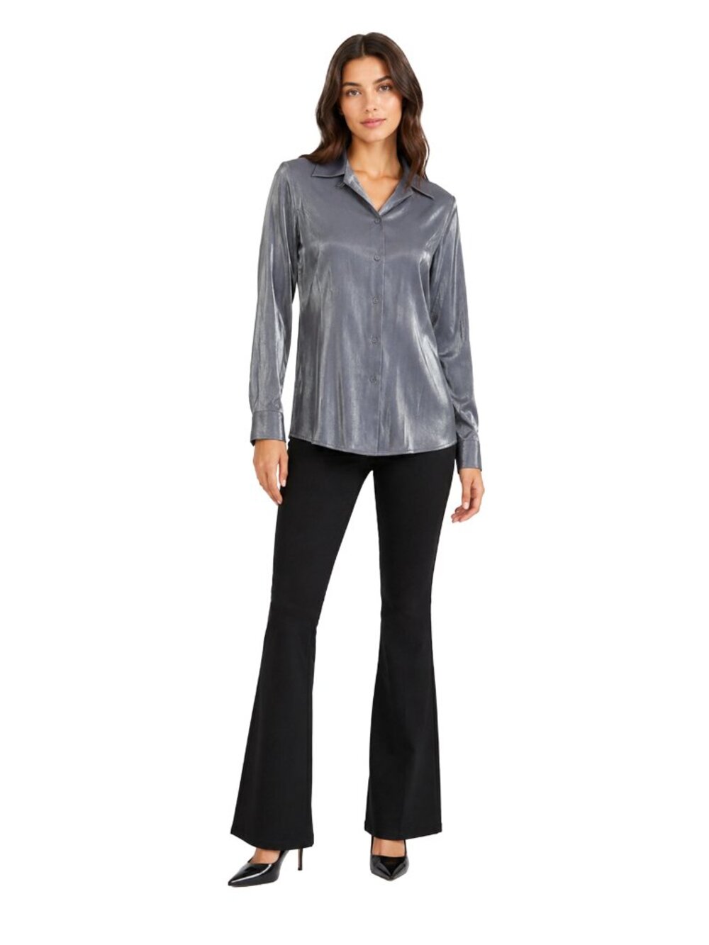 Preston & York Metallic Silver Button Down Blouse Size 10 Satin Shimmer